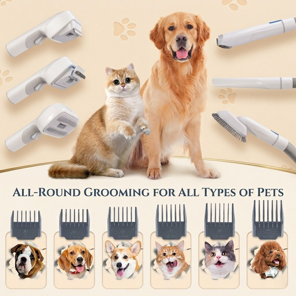 7-in-1 Pet Grooming Kits 1L Capacity Vacuum Cleaner Hair Cleaning Brush Dog Cat Hair Shedding Clipper Trimmer