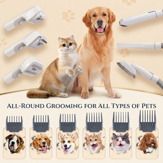 7-in-1 Pet Grooming Kits 1L Capacity Vacuum Cleaner Hair Cleaning Brush Dog Cat Hair Shedding Clipper Trimmer